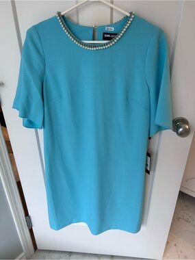 Karl Lagerfeld Aqua Pearl-Trim Shift Dress